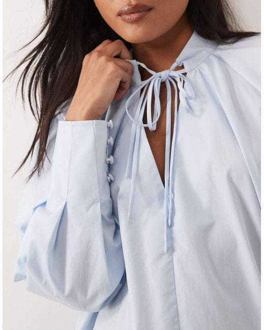 ASOS Blue Asos Design Petite High Neck Tie Poplin Mini Dress With Puff Sleeve