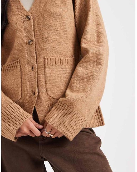 ASOS Brown Waisted V Neck Cardigan With Pocket Detail