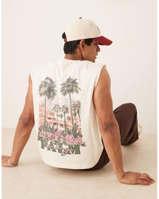 ASOS Natural Oversized Tank With Back Palm Tree Print for men
