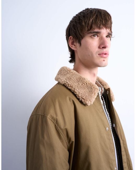 Topman Brown Padded Coach Jacket With Borg Collar for men