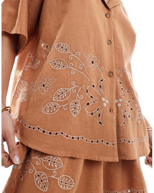 ASOS Brown Short Sleeve Shirt With Revere Collar With Broderie Detail
