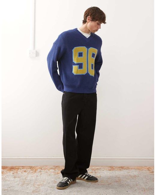 Reclaimed Vintage Blue Fisherman Knitted V Neck Slouchy Jumper for men