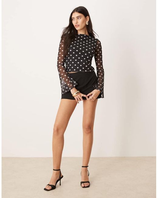 ASOS Black Polka Dot Printed Mesh Angel Sleeve Top With Open Tie Back