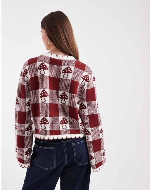 Miss Selfridge Red Blanket Stich Cardigan With Novelty Mushroom