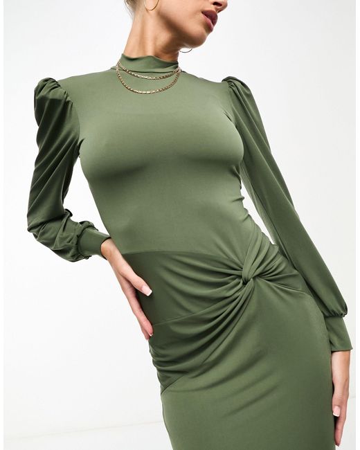 Flounce London Green High Neck Maxi Dress With Ruched Detail