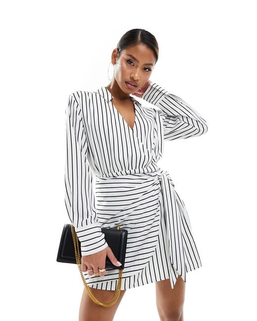 Abercrombie & Fitch White Long Sleeve Draped Striped Shirt Dress