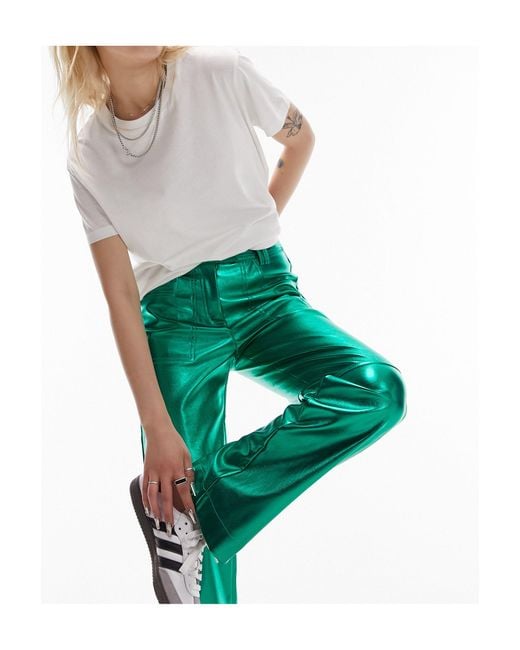 Topshop Unique Green Leather Low Rise Tab Waist Straight Leg Metallic Trouser
