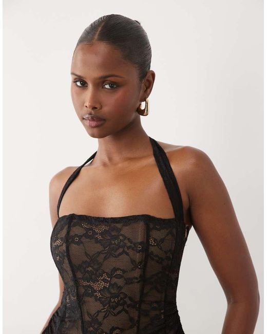 Murci Black Square Halterneck Gathered Godet Hem Lace Mini Dress