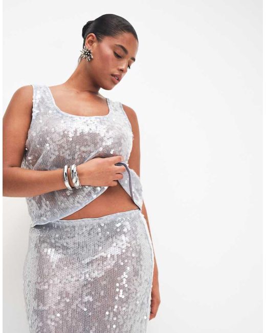 ASOS White Asos Design Curve Co-Ord Glass Sequin Pencil Midi Skirt