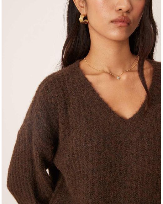 Vila Brown Fluffy Knitted V Neck Oversized Jumper