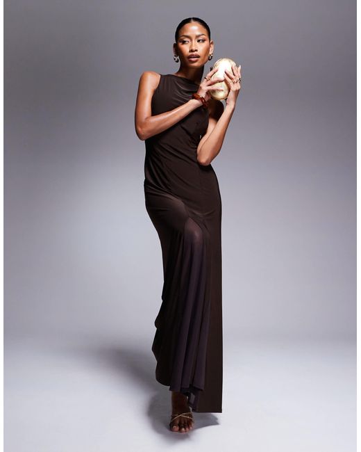Robe longueur mollet a empiecements transparents avec godets et col montant marron ASOS en coloris Noir Lyst