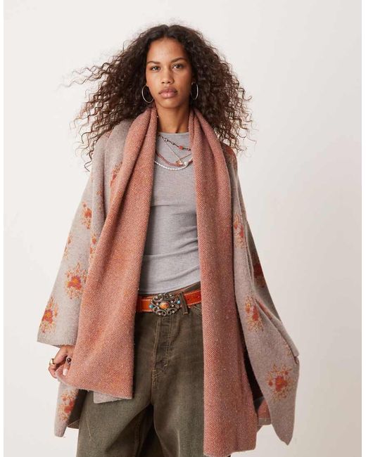 Free People Brown Scarf Effect Printed Longline Cardigan