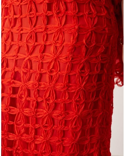 ARRANGE Red Curve Floral Cutwork Column Midi Skirt
