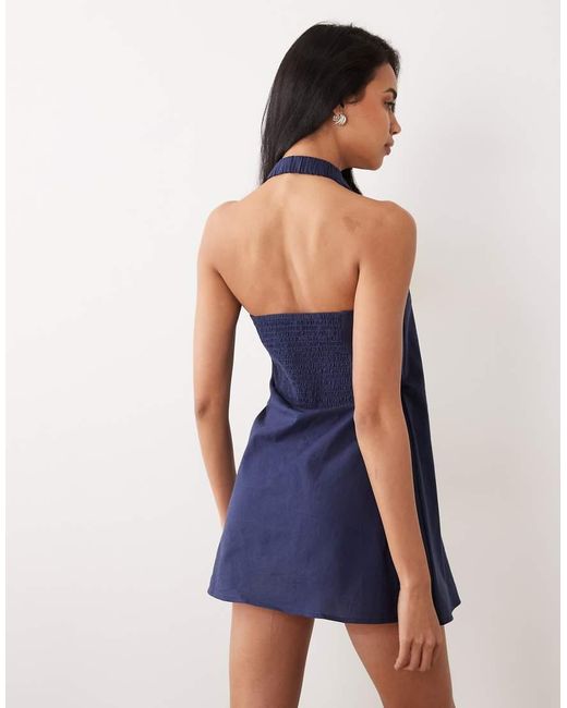 ASOS Blue Cotton Linen Halter Neck Wrap Mini Sundress