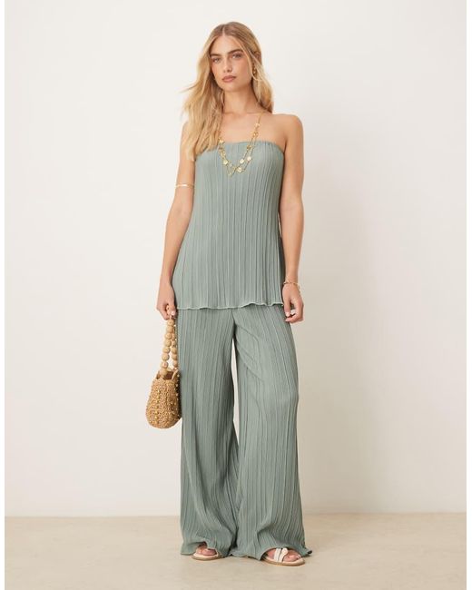 Y.A.S Green Plisse Wide Leg Trouser Co-ord With Rolled Hem Detail