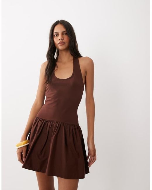 ASOS Brown Scoop Halter Mini Dress With Cotton Poplin Skirt