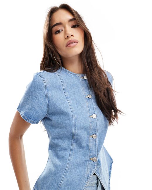 ASOS Blue Denim Button Up Short Sleeve Top