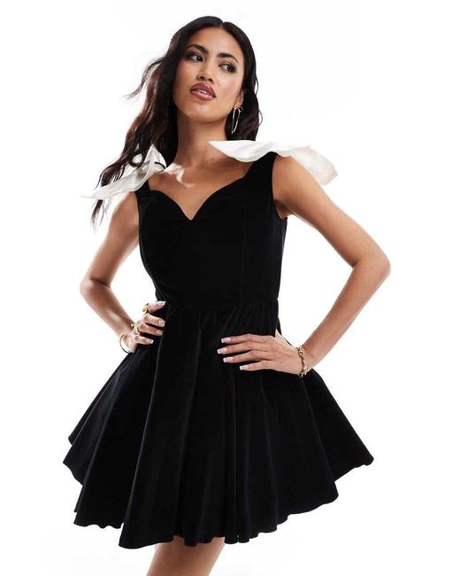 LACE & BEADS Mini Jurk Met Structuur En Strik Op De Schouders in het Black