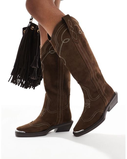 ASOS Brown Wide Fit Celeste Flat Western Knee Boots