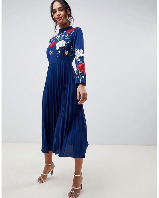 ASOS Blue Pleated High Neck Midi Dress With Embroidery