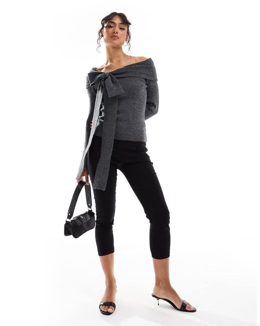 Pretty Lavish Gray Bardot Bow Knitted Top