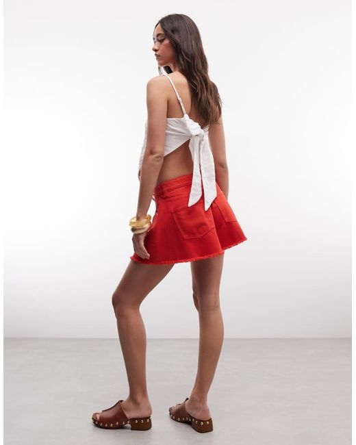 ASOS Red Denim Frayed Hem Short