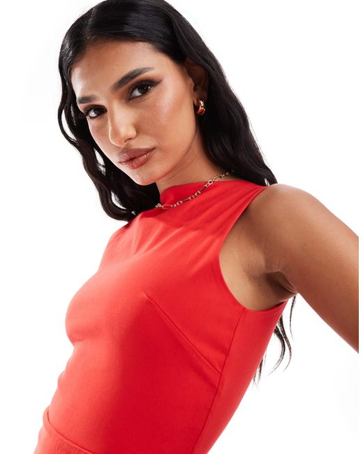 Vesper Red – hochgeschlossenes, ärmelloses maxikleid aus bengaline