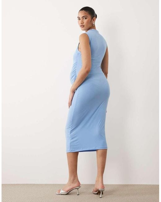 Mama.licious Blue Mamalicious Maternity Sleevelss Slinky Ruched Detail Midi Dress