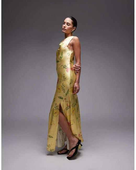 TOPSHOP Maxi-Jurk Met Gedrapeerde Hals En Limoengroene Bloemenprint in het Green