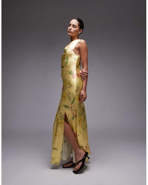 Vestito Lungo Color Lime Con Stampa A Fiori E Scollo Drappeggiato di TOPSHOP in Green