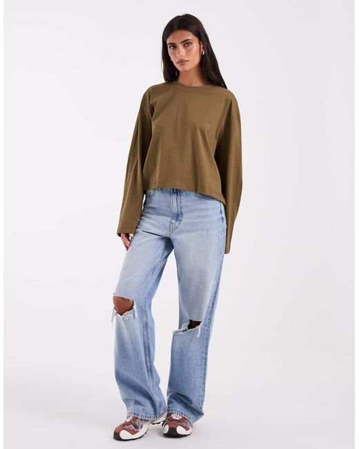 ASOS Natural Long Sleeve Boxy Cropped T-Shirt
