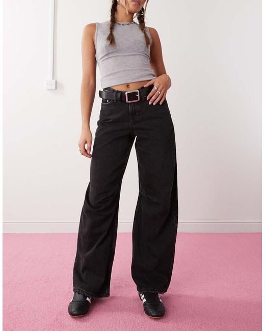 Weekday Pink Oblique V Shaped Low Waist Barrel Leg Jeans With Slight Distressed Effect