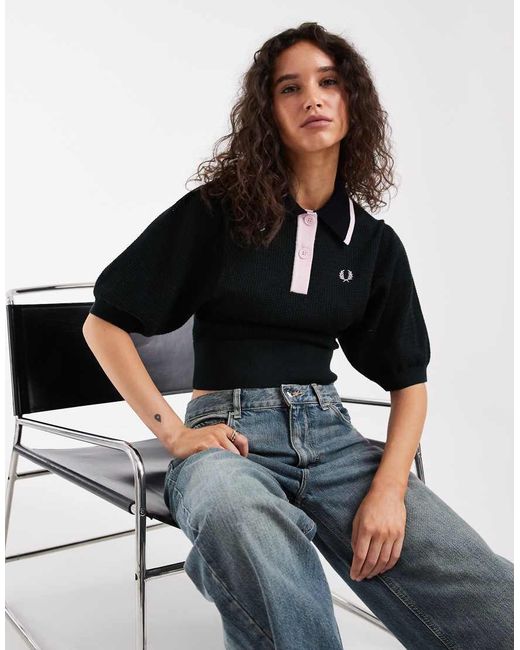 Fred Perry Black Colour Block Pointelle Knitted Shirt