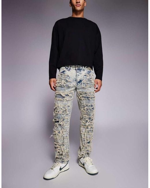 Liquor N Poker Blue Relaxed Stacked Rip Repair Denim Jeans for men