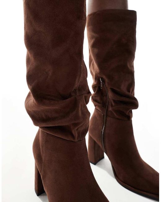 London Rebel Brown maggie Slouchy Block Heel Boots