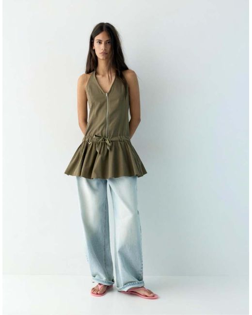 Pull&Bear Green Short Halter Dress With Zip