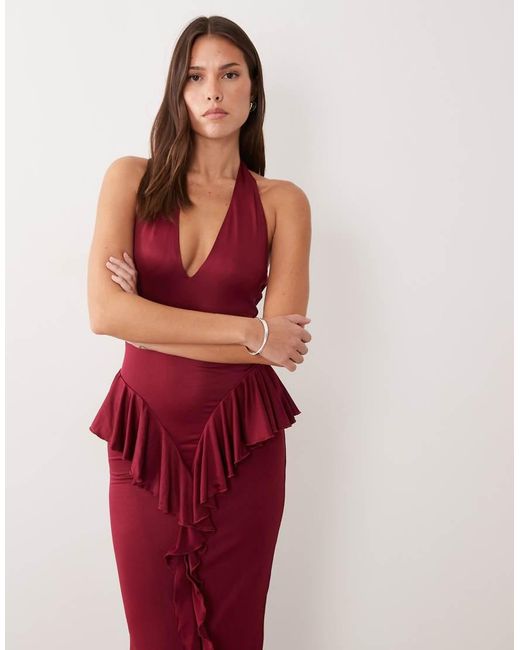Ruched & Ready Red Sculpting Halterneck Open Back Ruffle Drape Detail Maxi Dress