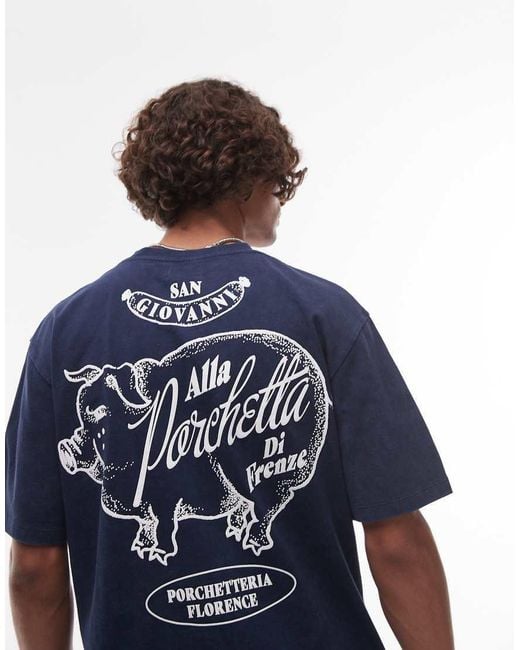 Topman Blue Relaxed Fit T-Shirt With Front And Back Porchetta Print for men