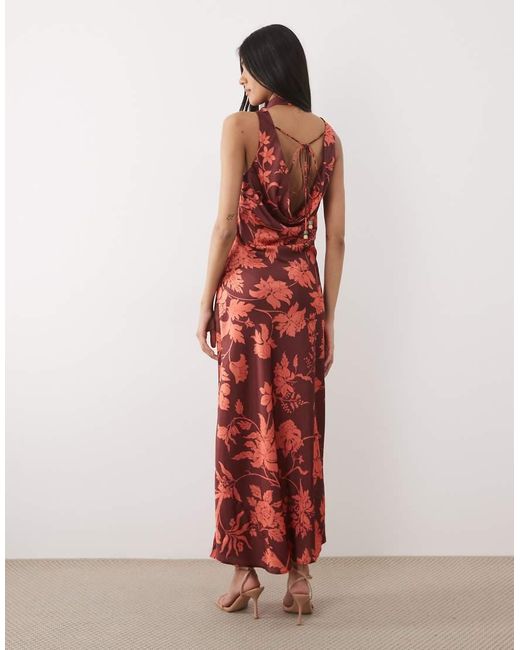Hope & Ivy Red Satin Cowl Neck Scarf Maxi Dress