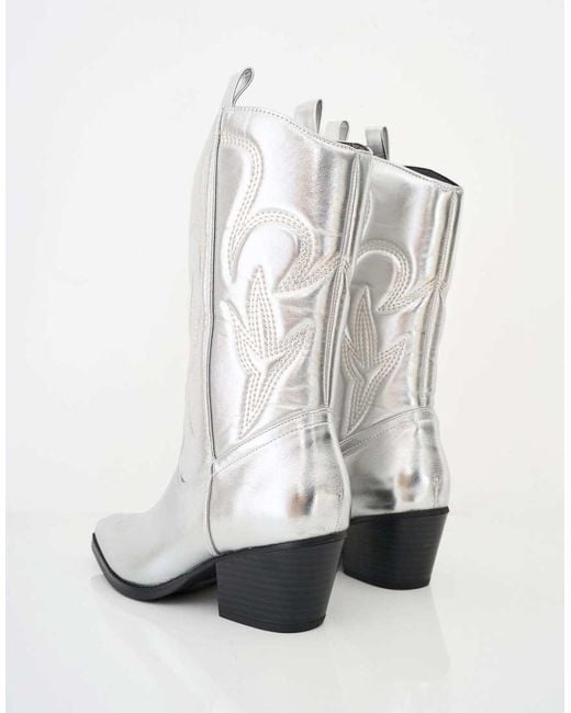 Public Desire White Calabasas Silver Western Embroidered Knee High Pointed Toe Cowboy Boots