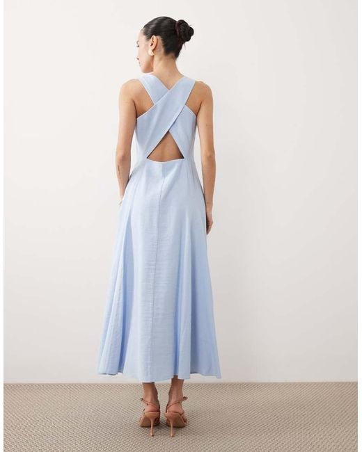 Nobody's Child Petite Blue Reign Occasion Boat Neck Cross Back Detail Midi Dress
