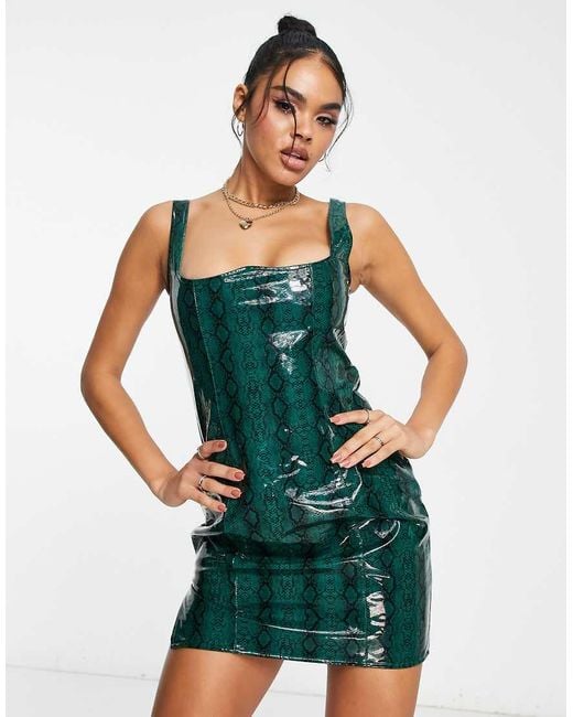 Kaiia Green Vinyl Corset Detail Mini Dress