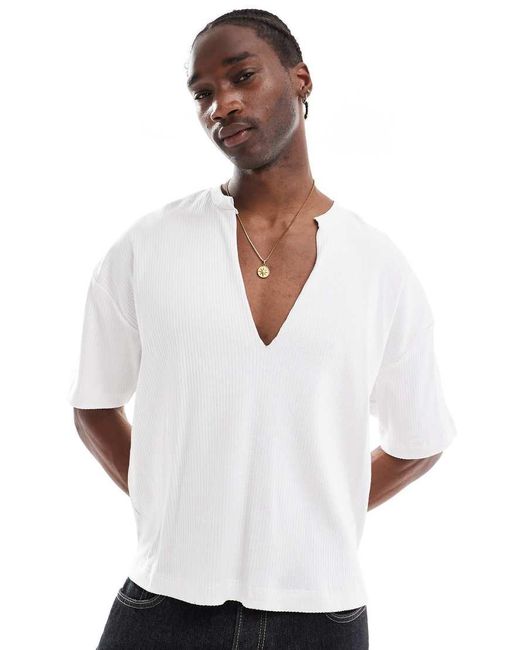 ASOS White Oversized Boxy Ribbed T-shirt With Deep Cut V-neck for men