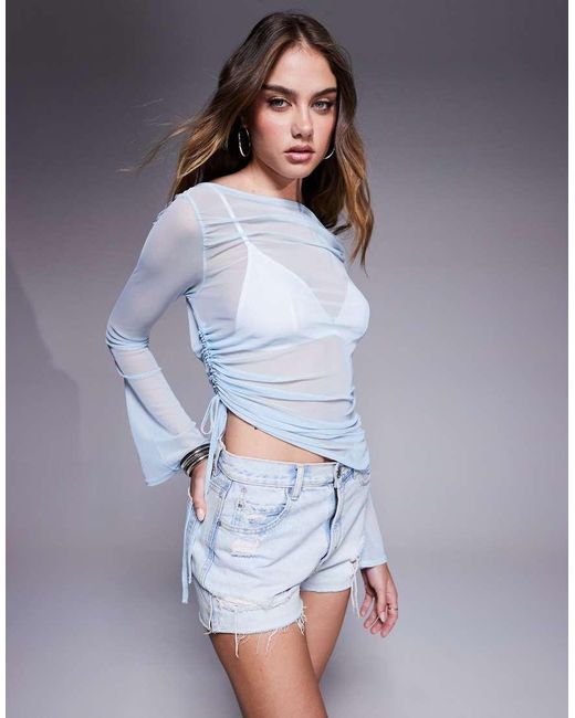 Missy Empire Blue Missy Empire Mesh Ruched Side Flare Sleeve Top
