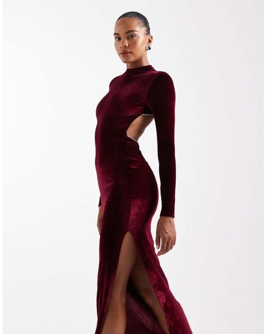ASOS Red Velvet Long Sleeve Maxi Dress With Open Back Embellishment