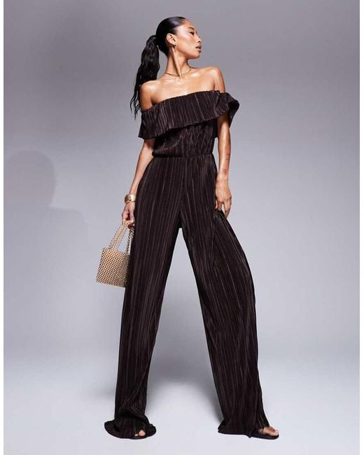 ASOS Brown Plisse Bardot Wide Leg Jumpsuit