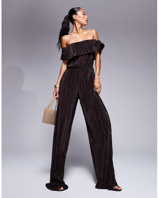 Mono Largo Marrón Plisado De Pernera Ancha Con Escote Bardot De ASOS de color Brown