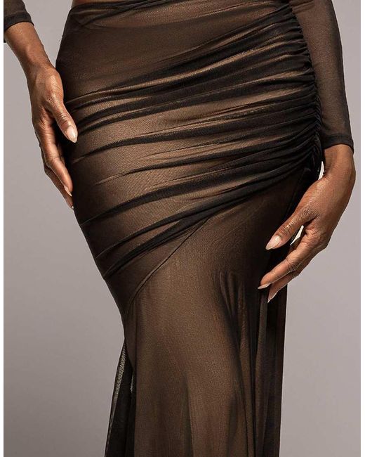 Goddiva Black Mesh Gathered Mermaid Maxi Skirt