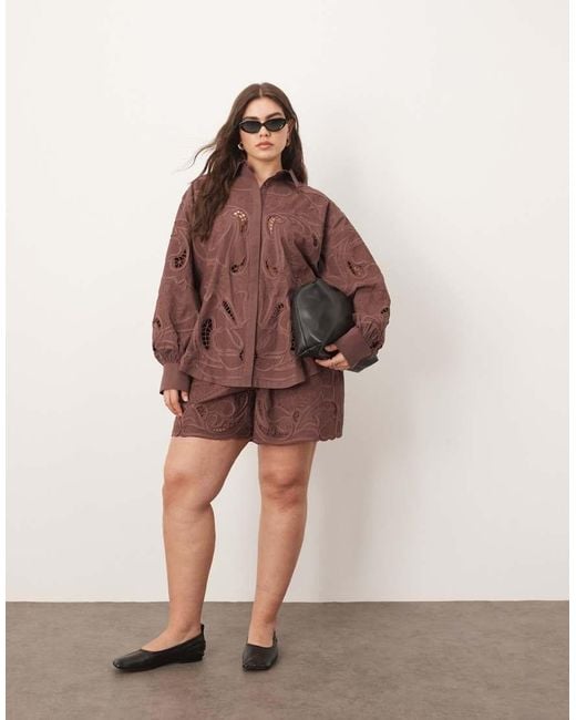 ARRANGE Brown Curve Cotton Mirrored Floral Embroidered Cutwork Shirt