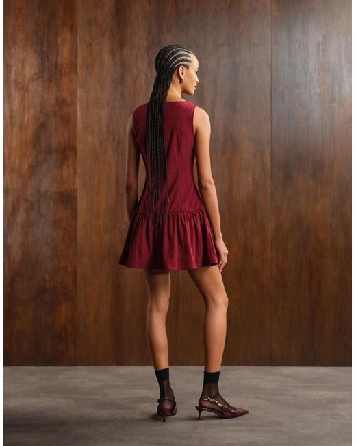 ASOS Red Cord Slash Neck Button Down Dropped Waist Mini Dress